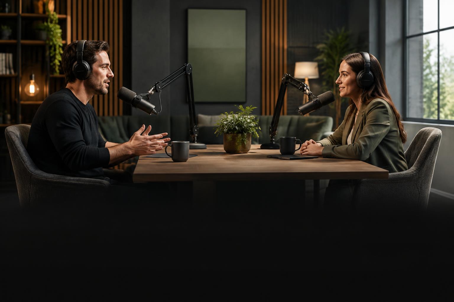 Podcast hosts recording in a studio