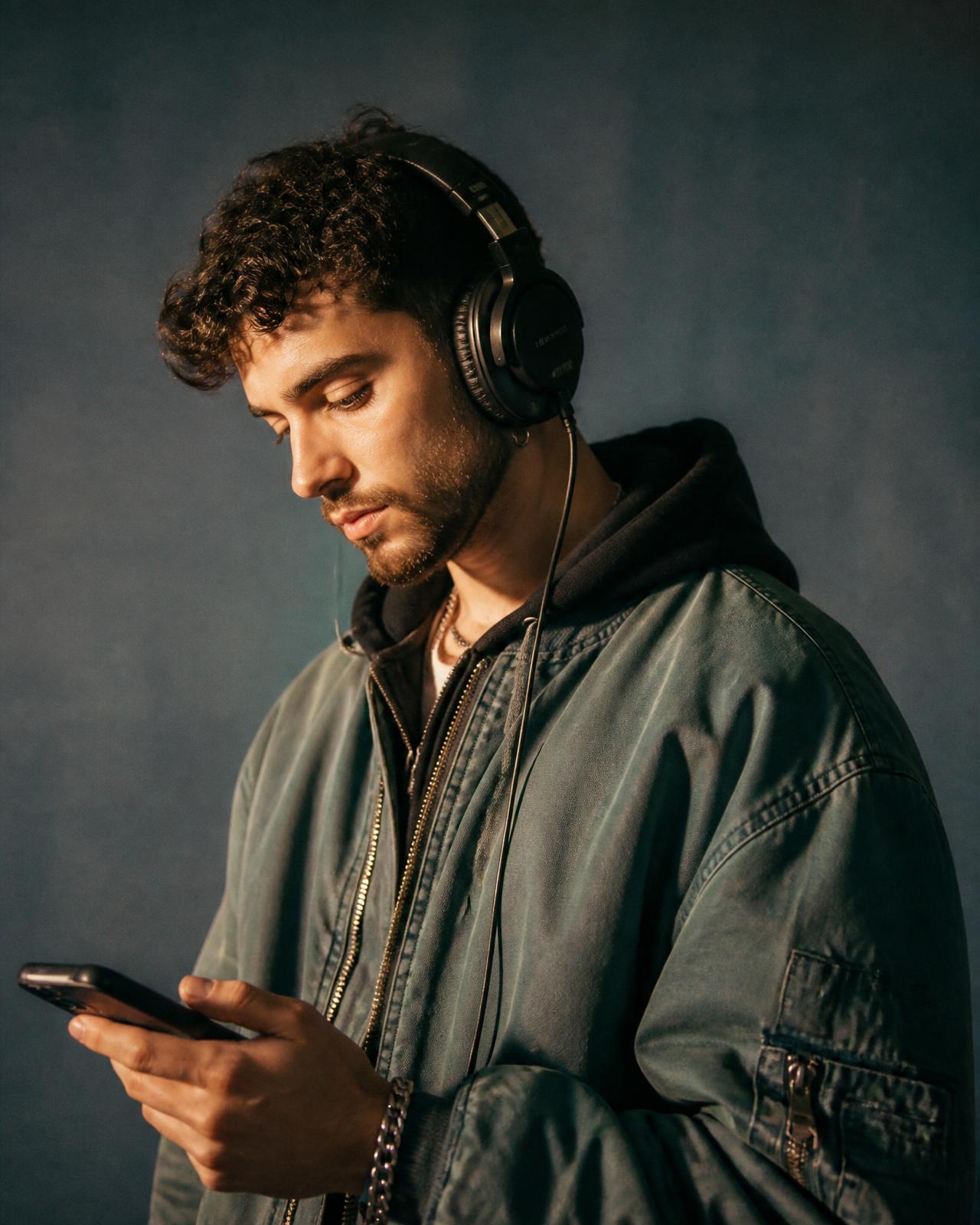 Music listener wearing headphones